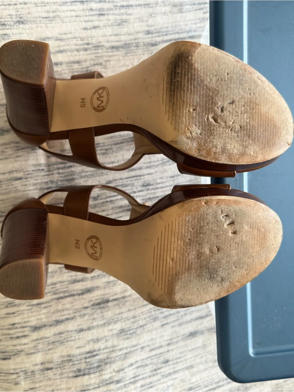 Michael Kors Brown Leather T-Strap Platform Heels with Gold Zipper